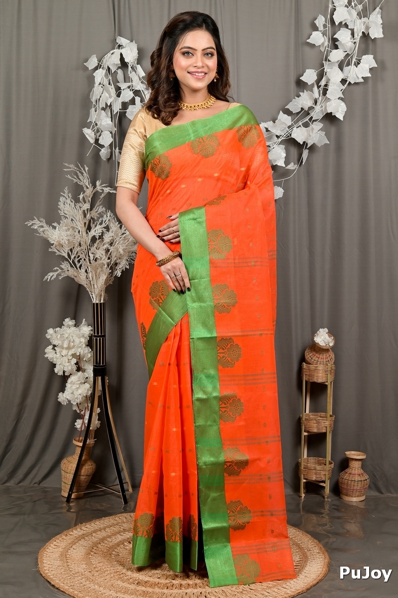 Orange Green Pure Cotton Fipani Tant Saree (3074)