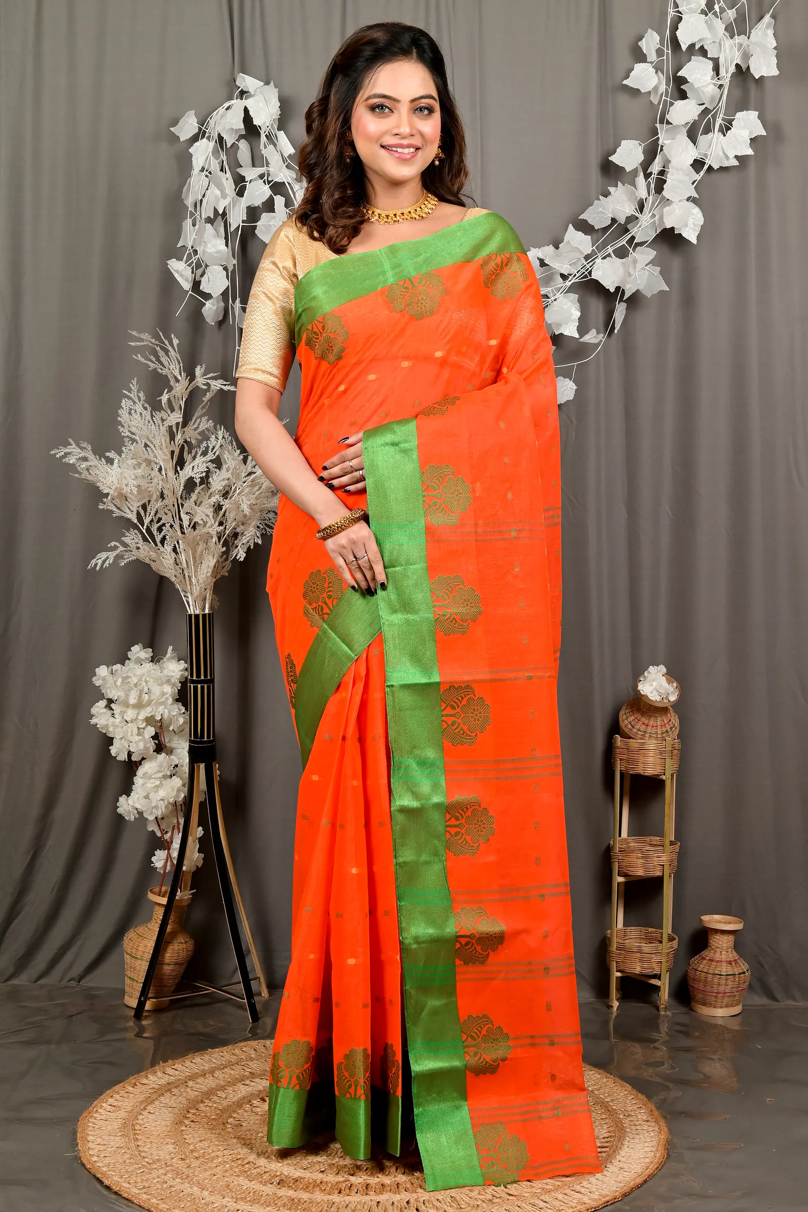 Orange Green Pure Cotton Fipani Tant Saree (3074)
