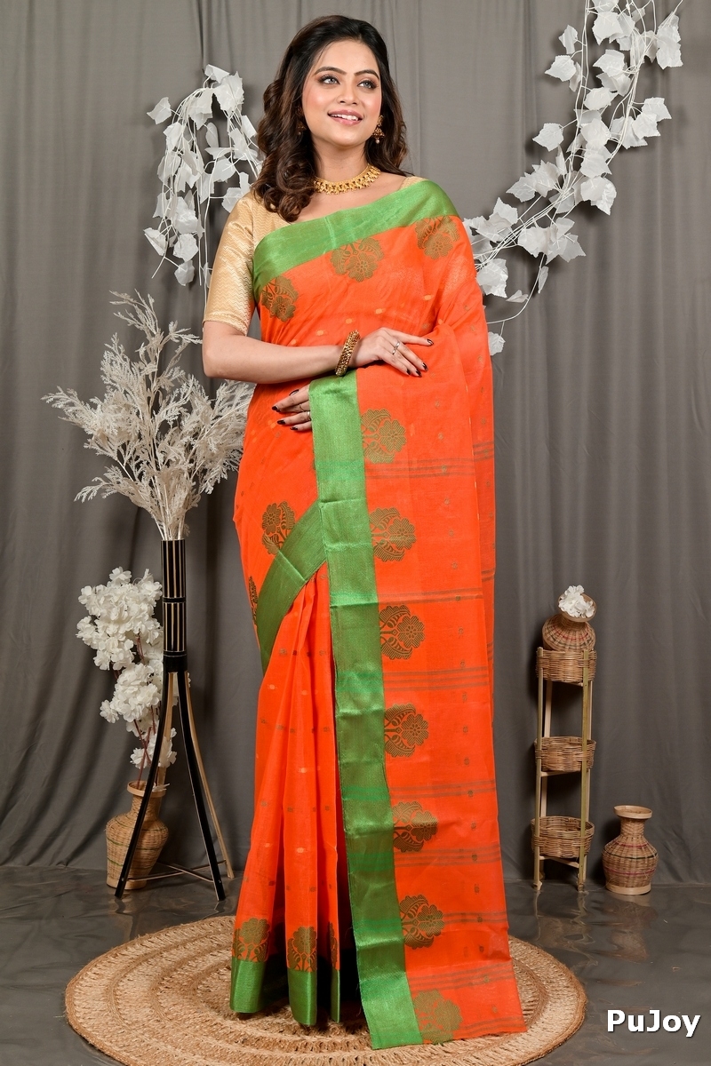 Orange Green Pure Cotton Fipani Tant Saree (3074)