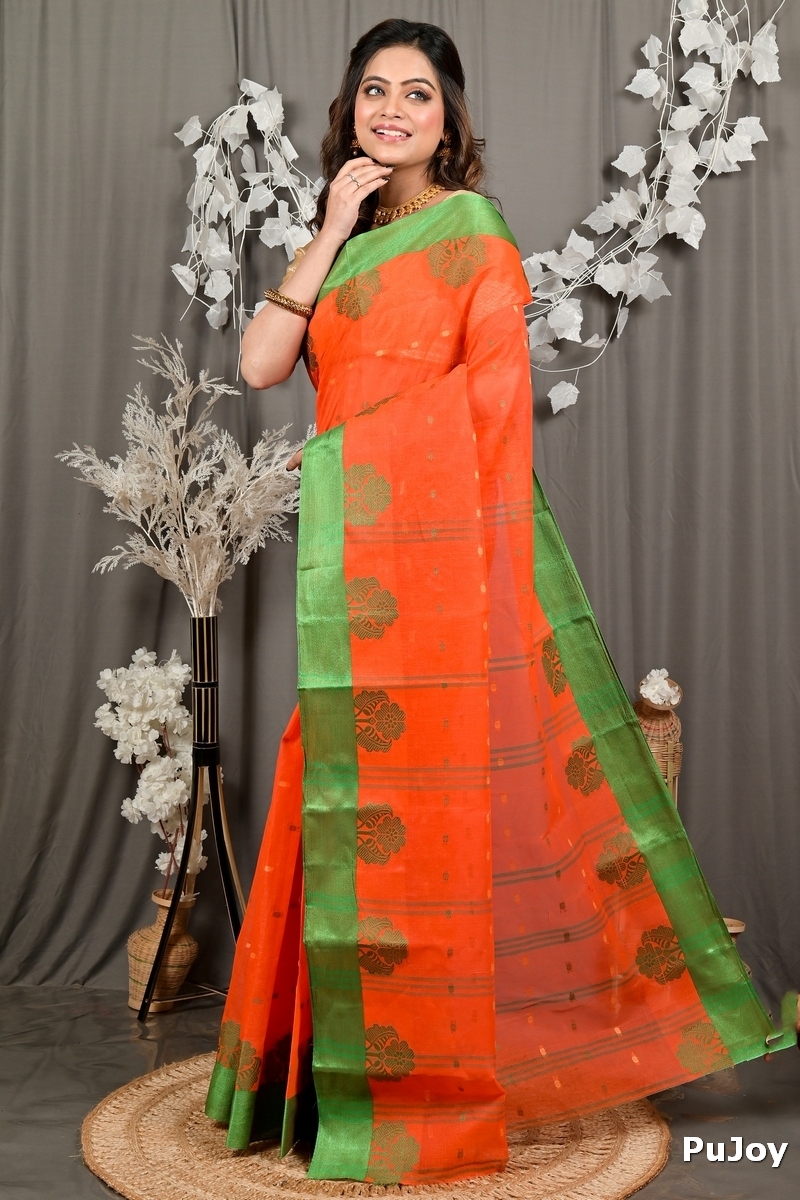 Orange Green Pure Cotton Fipani Tant Saree (3074)