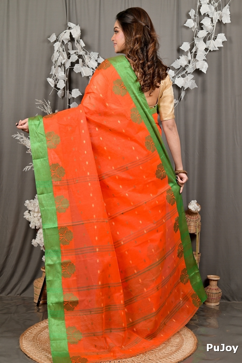 Orange Green Pure Cotton Fipani Tant Saree (3074)