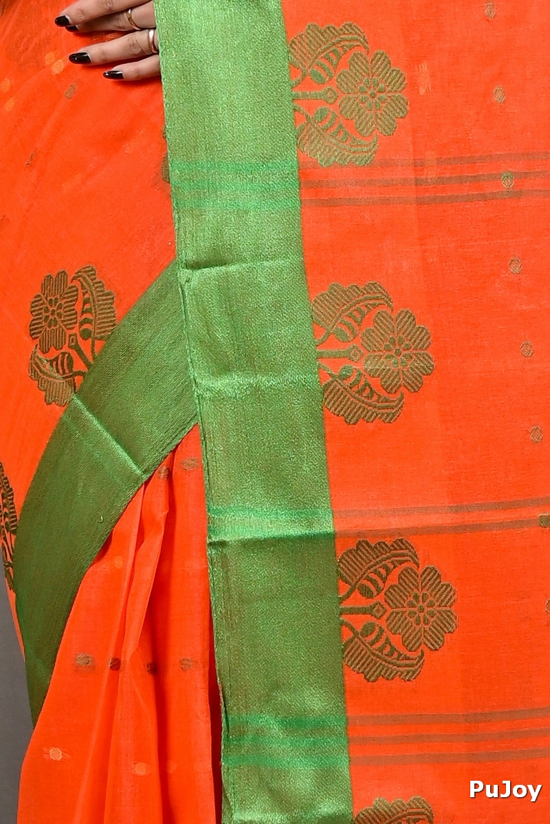 Orange Green Pure Cotton Fipani Tant Saree (3074)