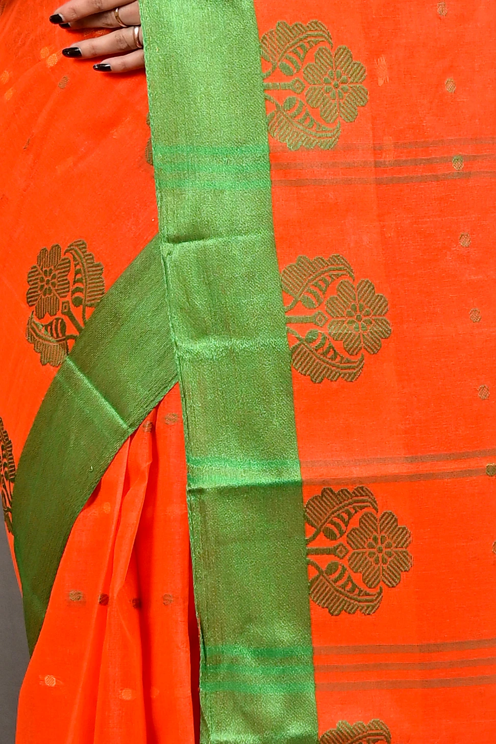 Orange Green Pure Cotton Fipani Tant Saree (3074)