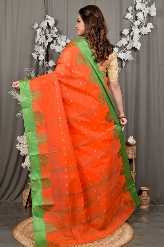 Orange Green Pure Cotton Fipani Tant Saree (3074)