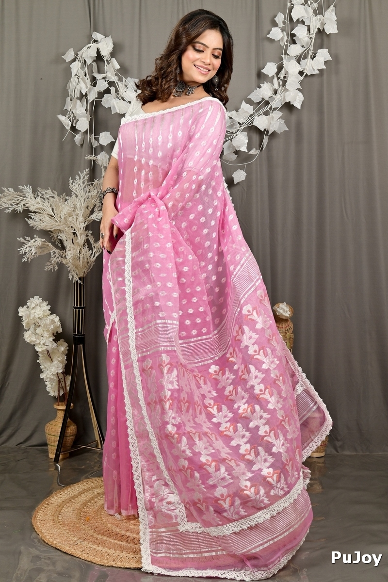 Baby Pink Blended Cotton Fipui Jamdani Saree (3075)