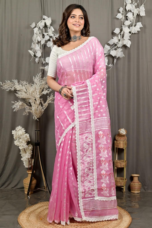 Baby Pink Blended Cotton Fipui Jamdani Saree (3075)