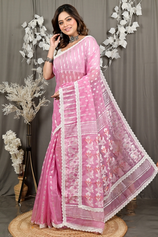 Baby Pink Blended Cotton Fipui Jamdani Saree (3075)