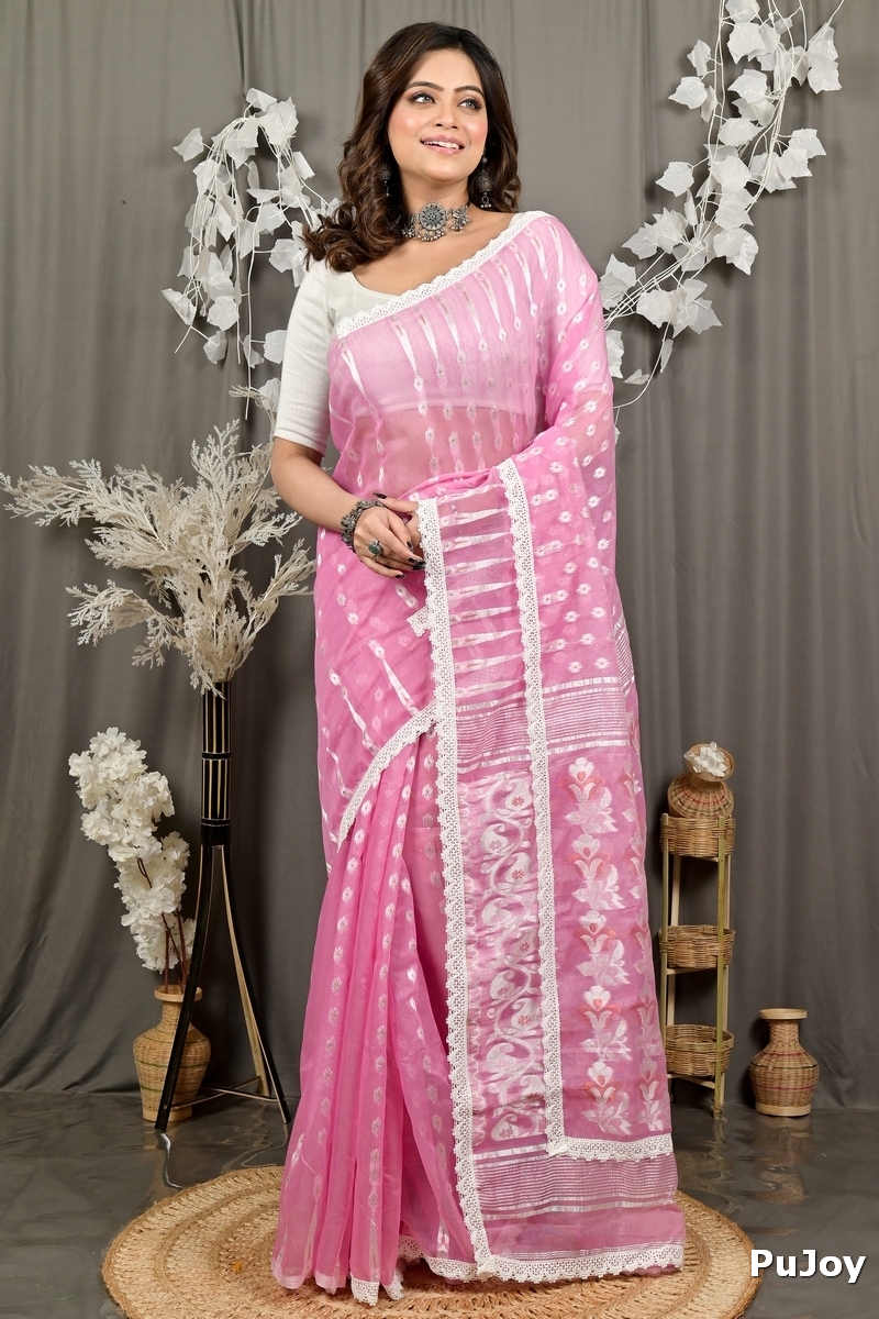 Baby Pink Blended Cotton Fipui Jamdani Saree (3075)