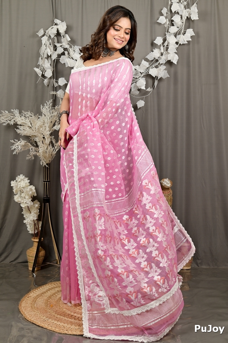 Baby Pink Blended Cotton Fipui Jamdani Saree (3075)