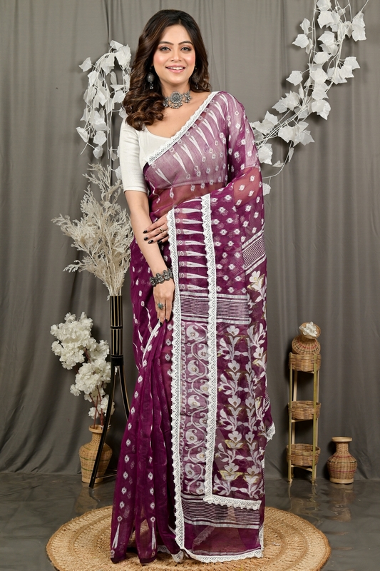 Purpel Blended Cotton Fipui Jamdani Saree (3076)