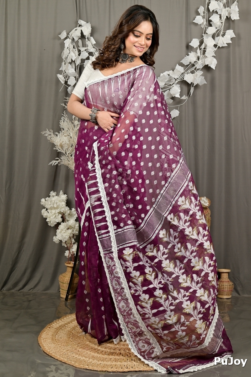 Purpel Blended Cotton Fipui Jamdani Saree (3076)