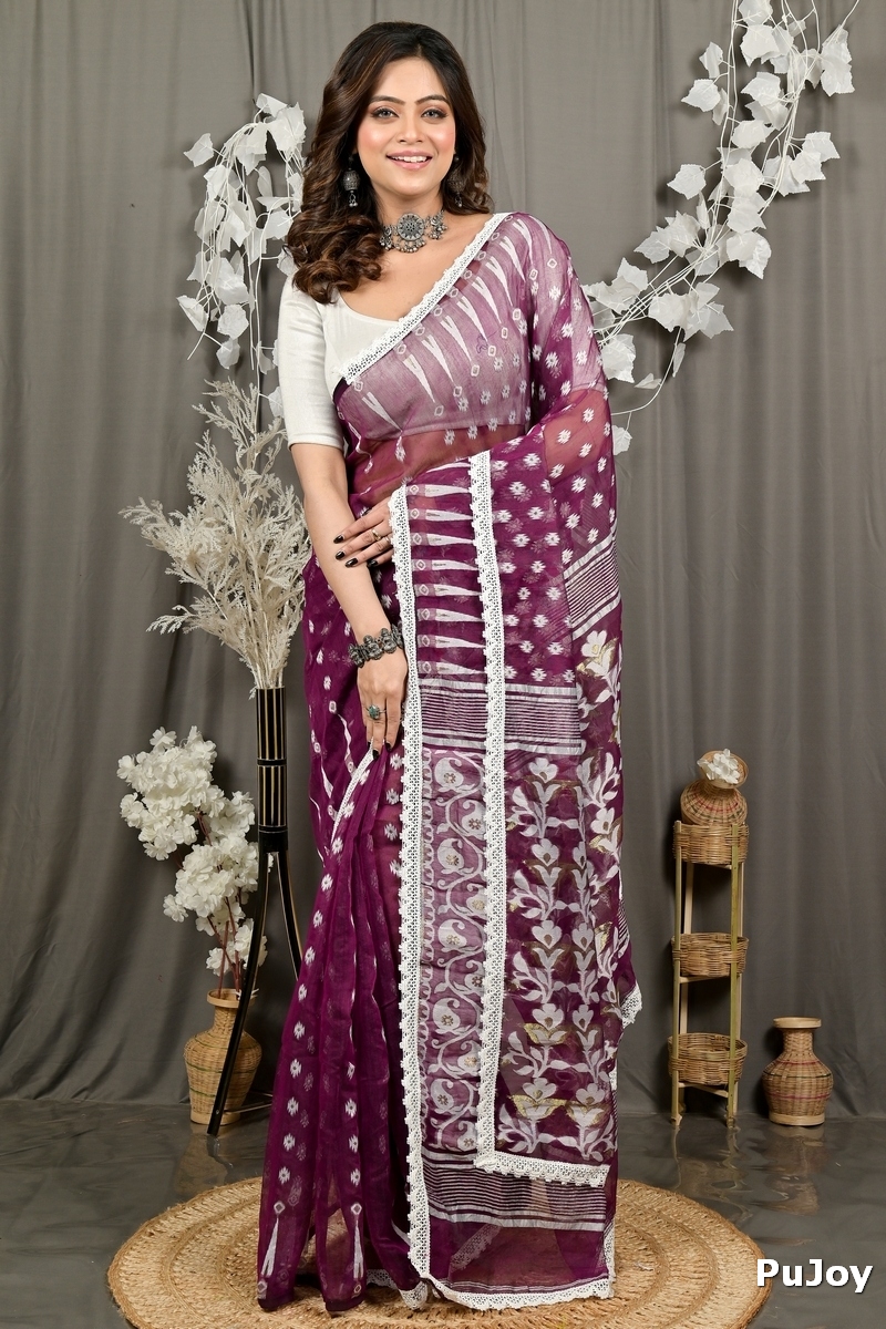 Purpel Blended Cotton Fipui Jamdani Saree (3076)