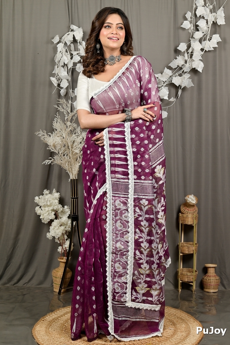 Purpel Blended Cotton Fipui Jamdani Saree (3076)