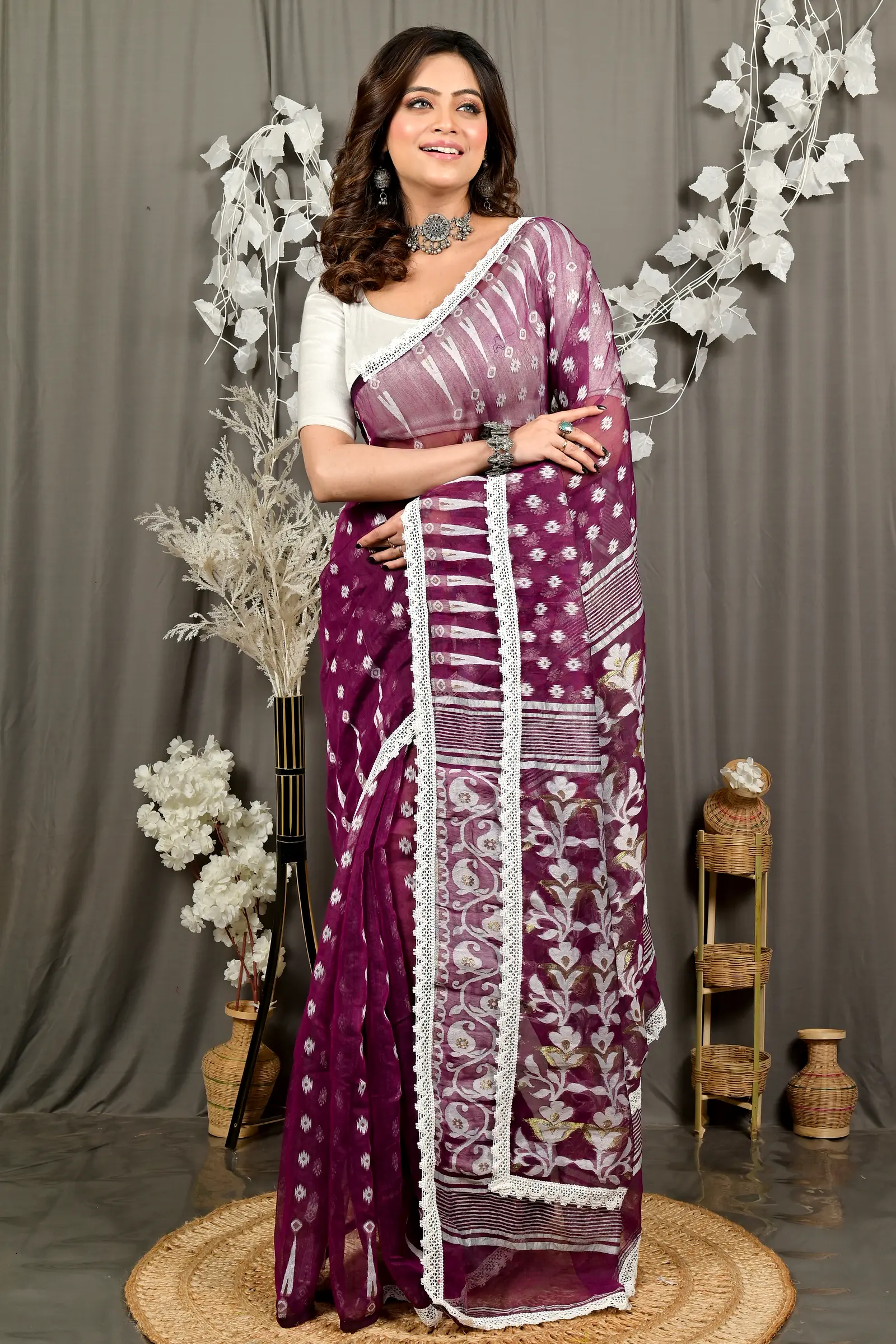 Purpel Blended Cotton Fipui Jamdani Saree (3076)