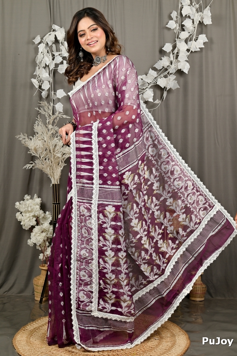 Purpel Blended Cotton Fipui Jamdani Saree (3076)