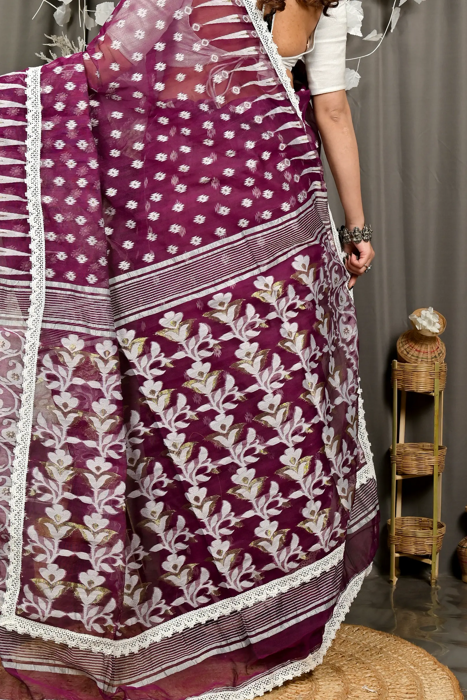 Purpel Blended Cotton Fipui Jamdani Saree (3076)