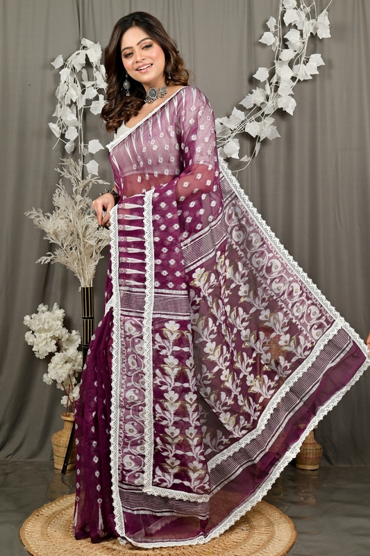 Purpel Blended Cotton Fipui Jamdani Saree (3076)