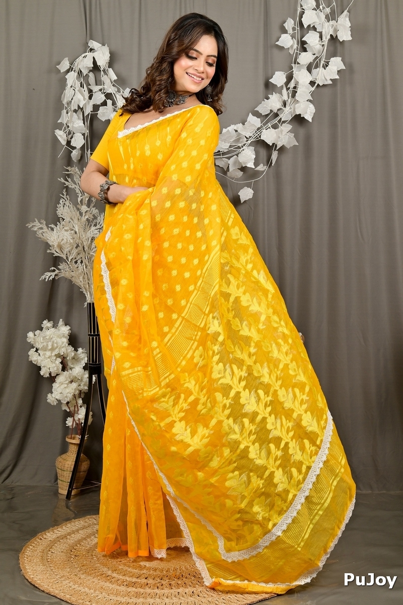 Yellow Blended Cotton Fipui Jamdani Saree (3077)