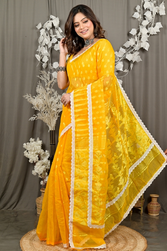 Yellow Blended Cotton Fipui Jamdani Saree (3077)