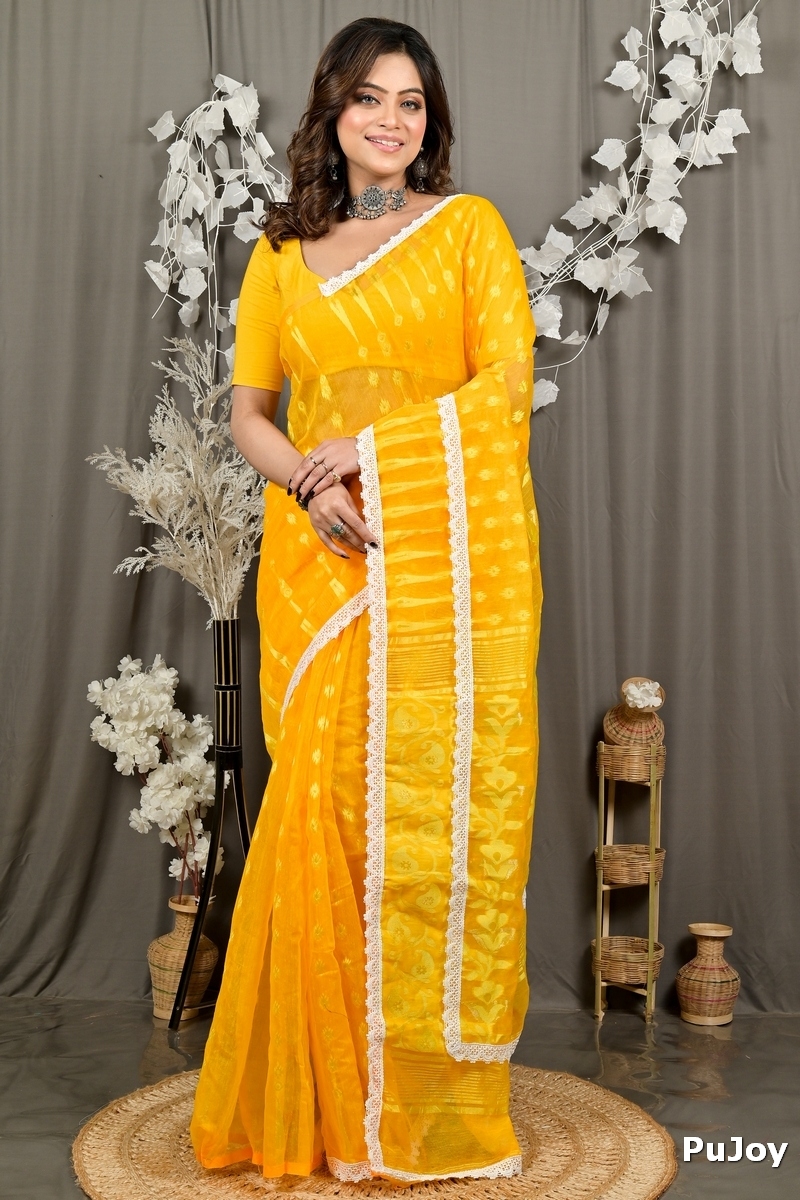 Yellow Blended Cotton Fipui Jamdani Saree (3077)