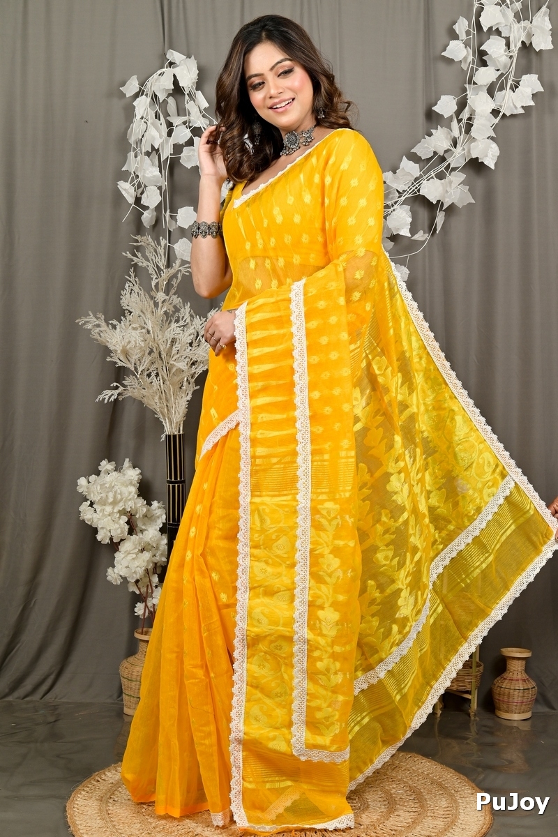 Yellow Blended Cotton Fipui Jamdani Saree (3077)