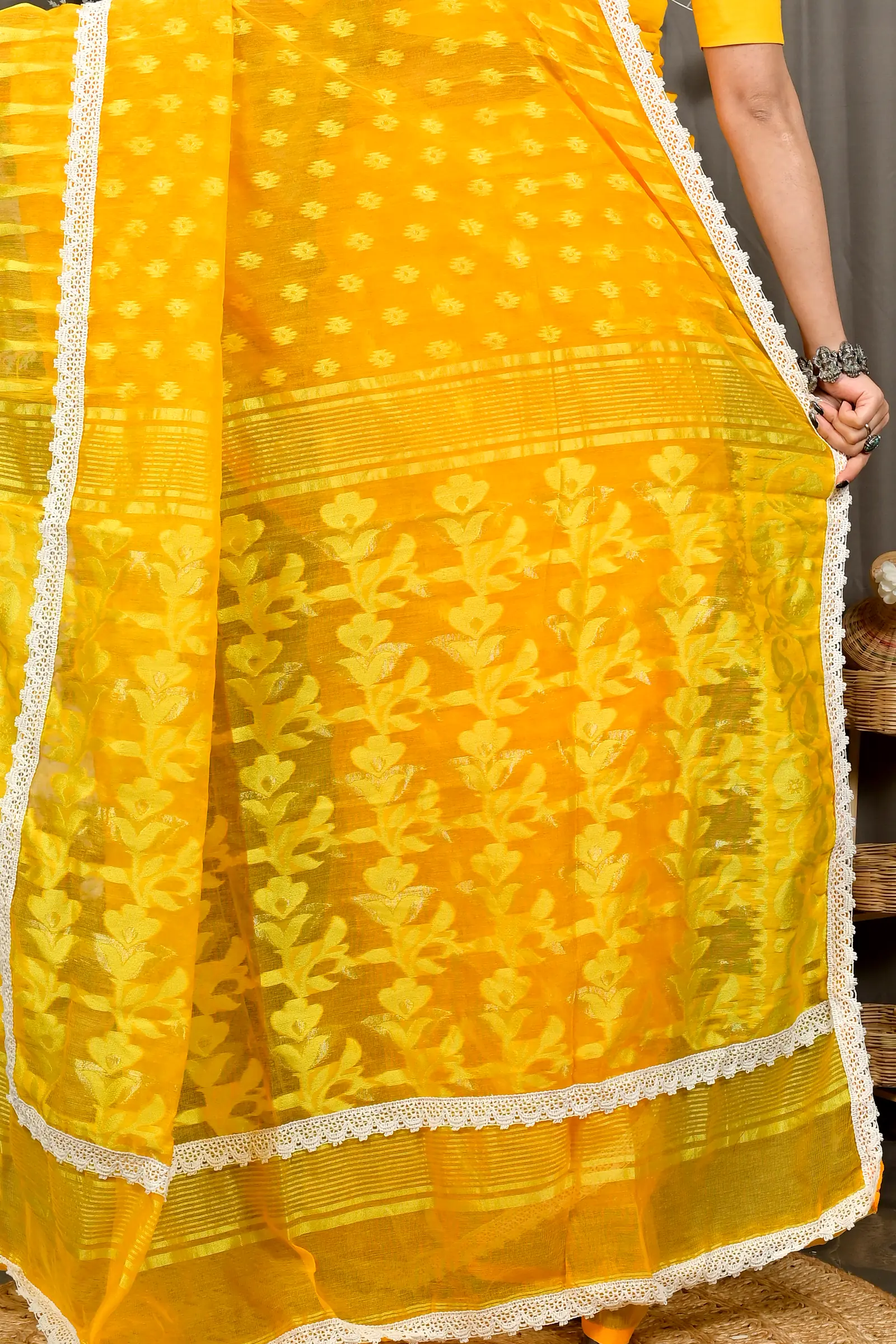 Yellow Blended Cotton Fipui Jamdani Saree (3077)