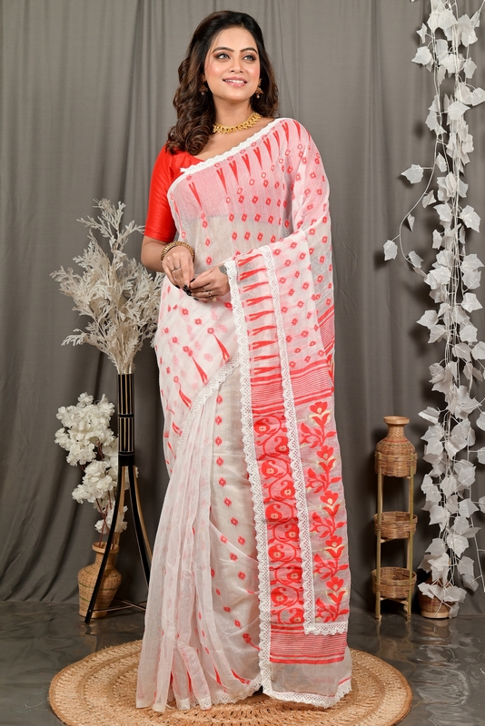 Off-White Red Blended Cotton Fipui Jamdani Saree (3078)