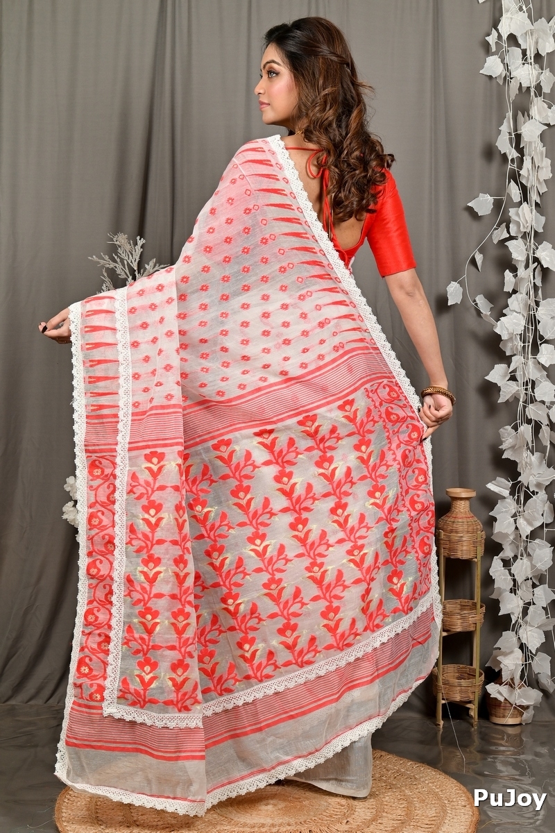 Off-White Red Blended Cotton Fipui Jamdani Saree (3078)