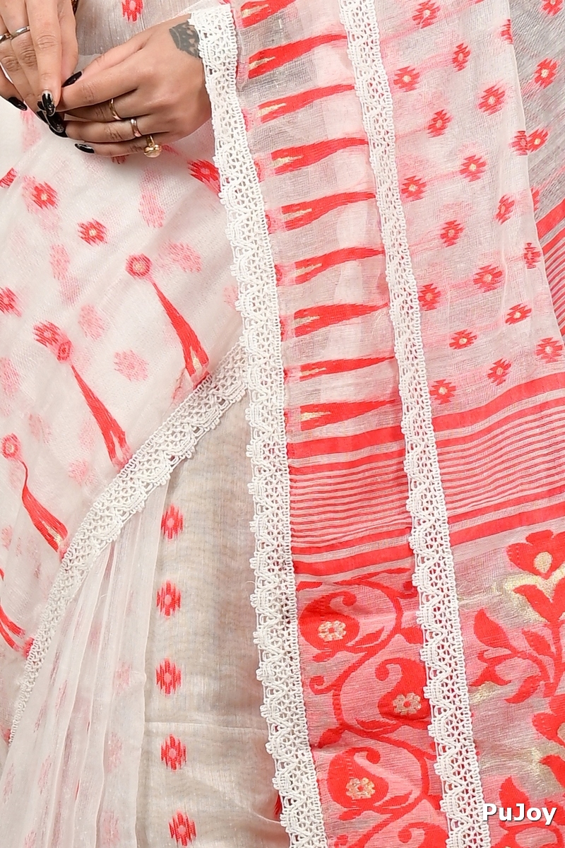 Off-White Red Blended Cotton Fipui Jamdani Saree (3078)