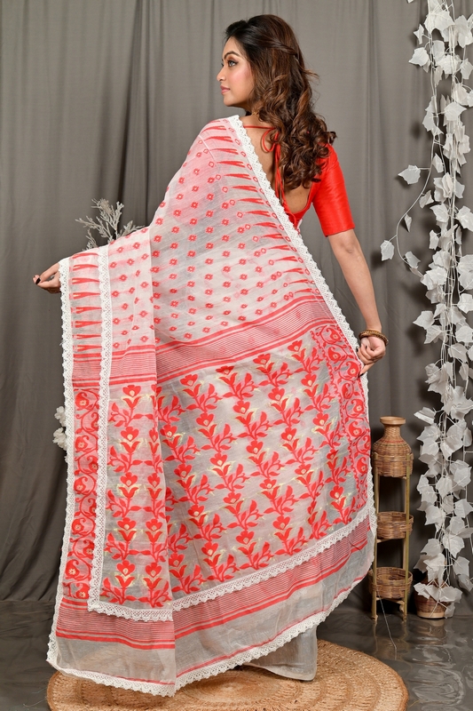 Off-White Red Blended Cotton Fipui Jamdani Saree (3078)