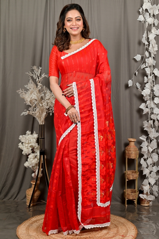 Red Blended Cotton Fipui Jamdani Saree (3079)