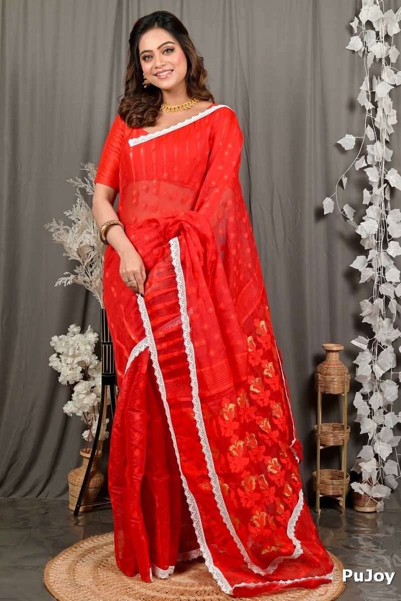 Red Blended Cotton Fipui Jamdani Saree (3079)