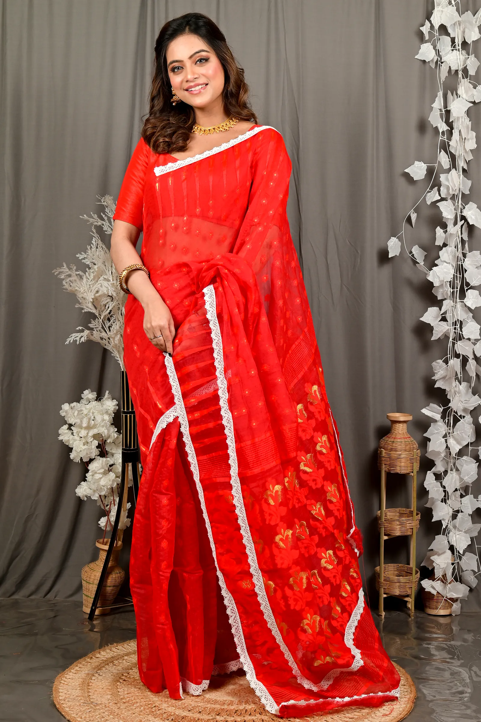 Red Blended Cotton Fipui Jamdani Saree (3079)