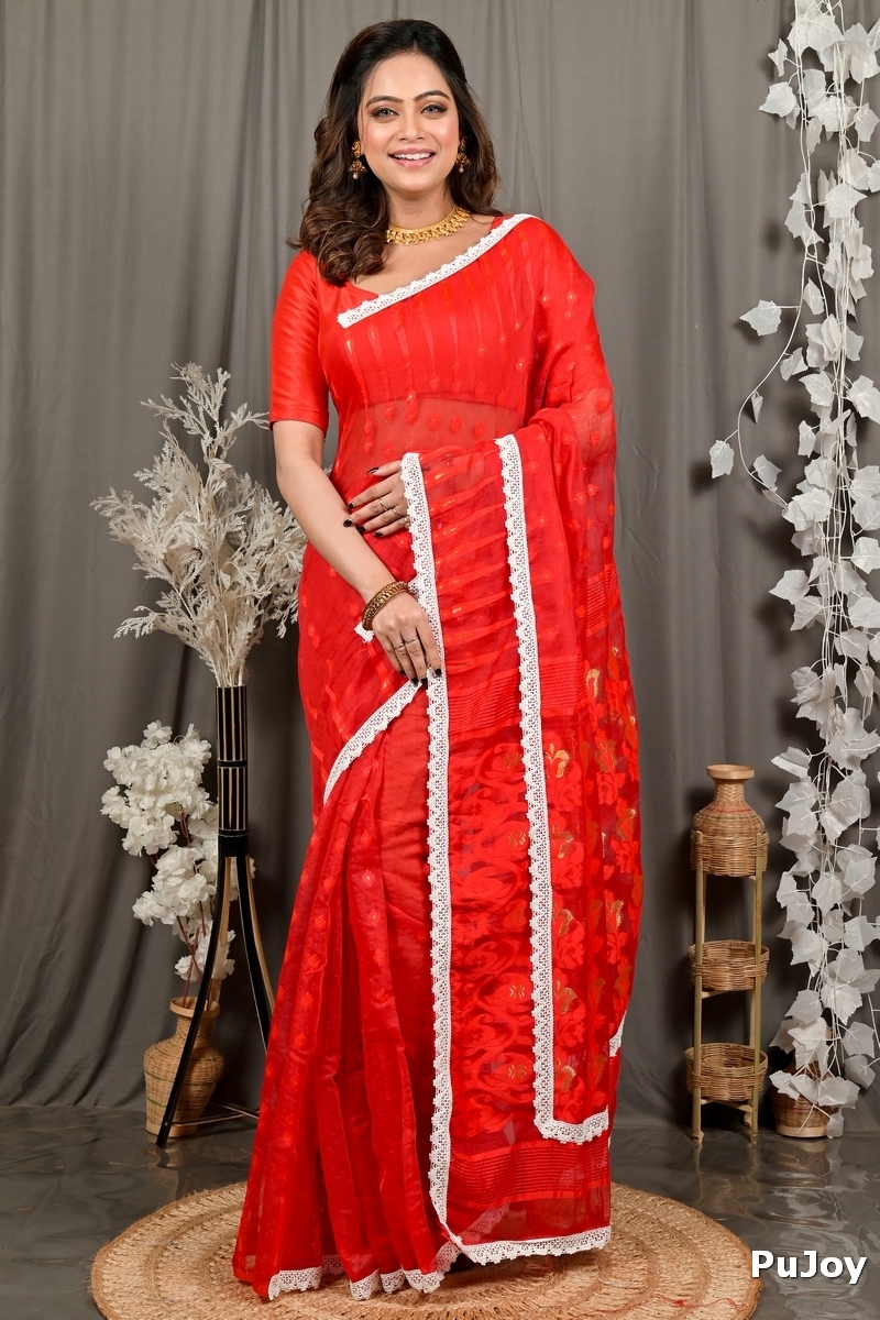 Red Blended Cotton Fipui Jamdani Saree (3079)