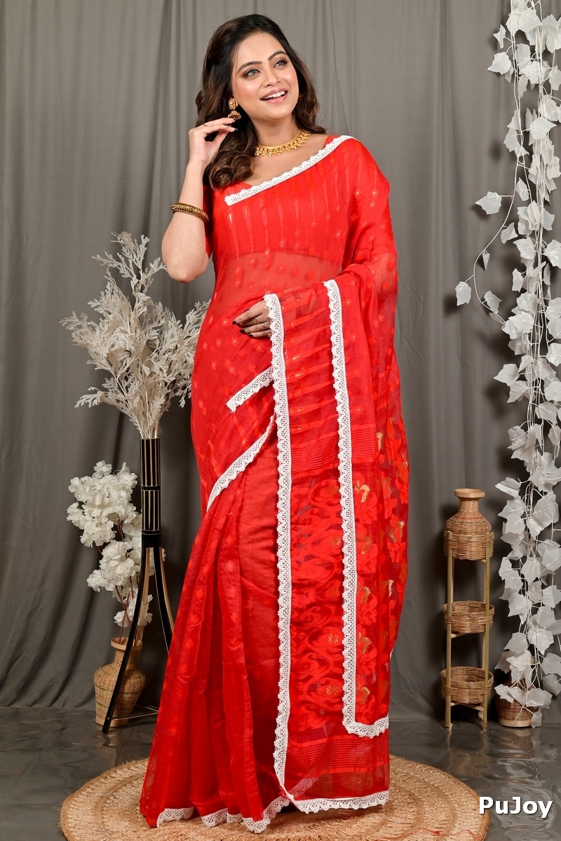 Red Blended Cotton Fipui Jamdani Saree (3079)
