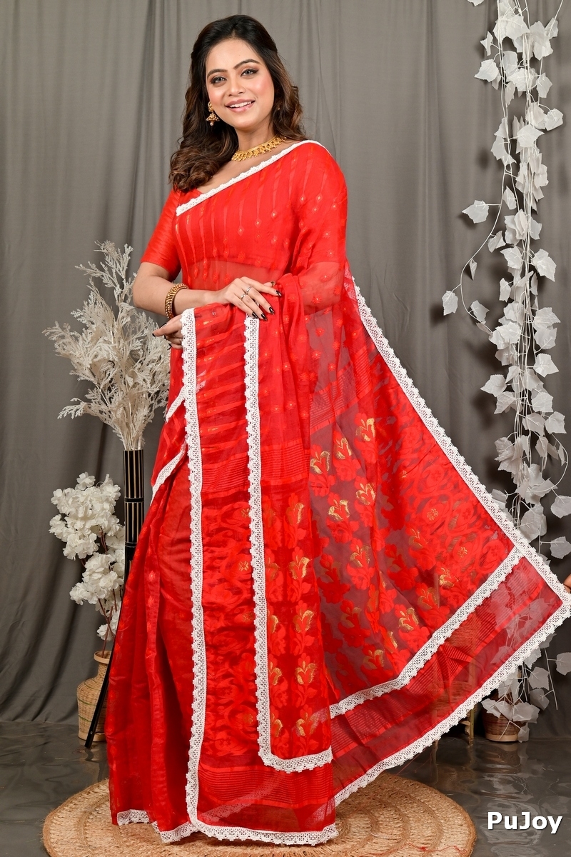 Red Blended Cotton Fipui Jamdani Saree (3079)