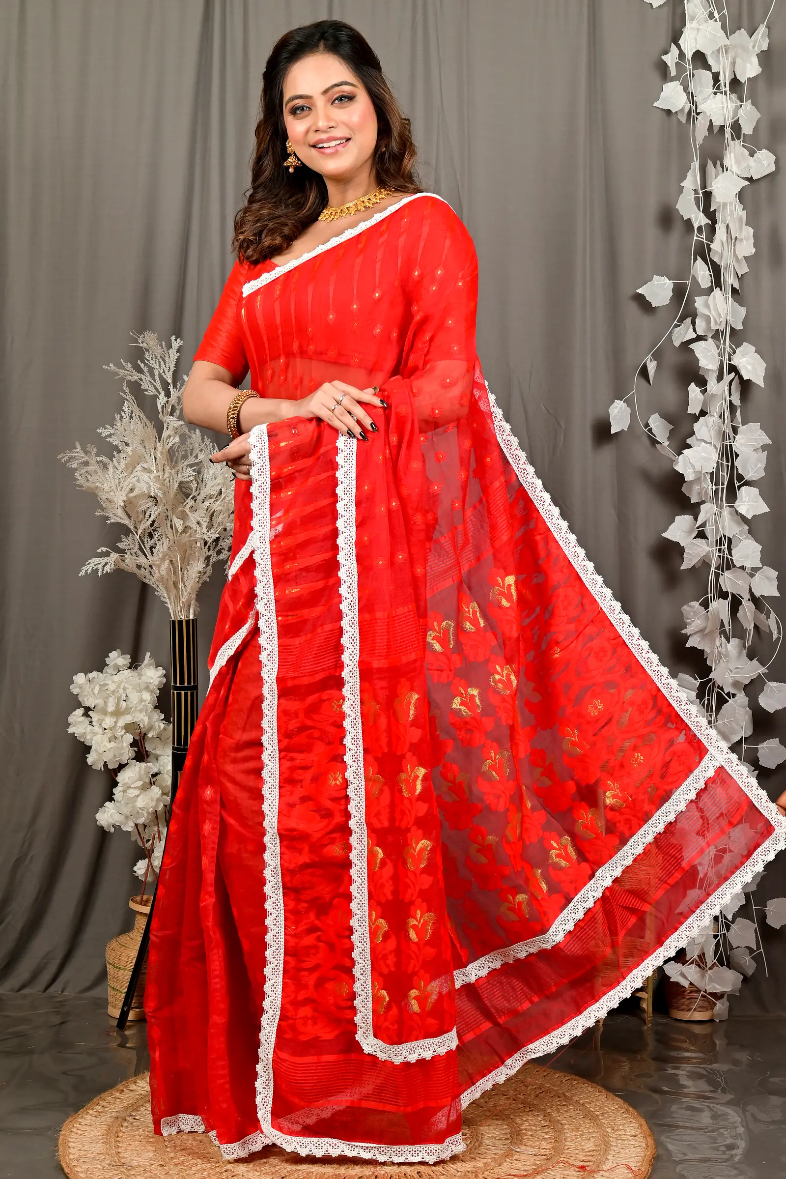 Red Blended Cotton Fipui Jamdani Saree (3079)