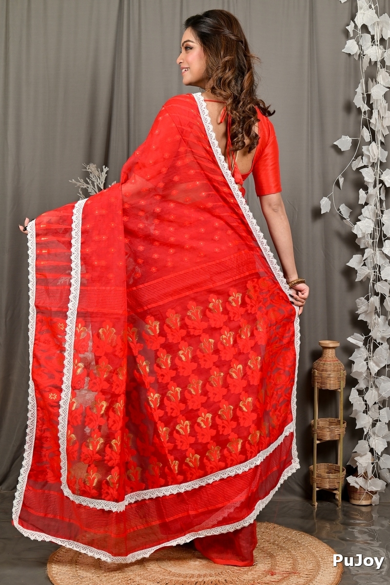 Red Blended Cotton Fipui Jamdani Saree (3079)