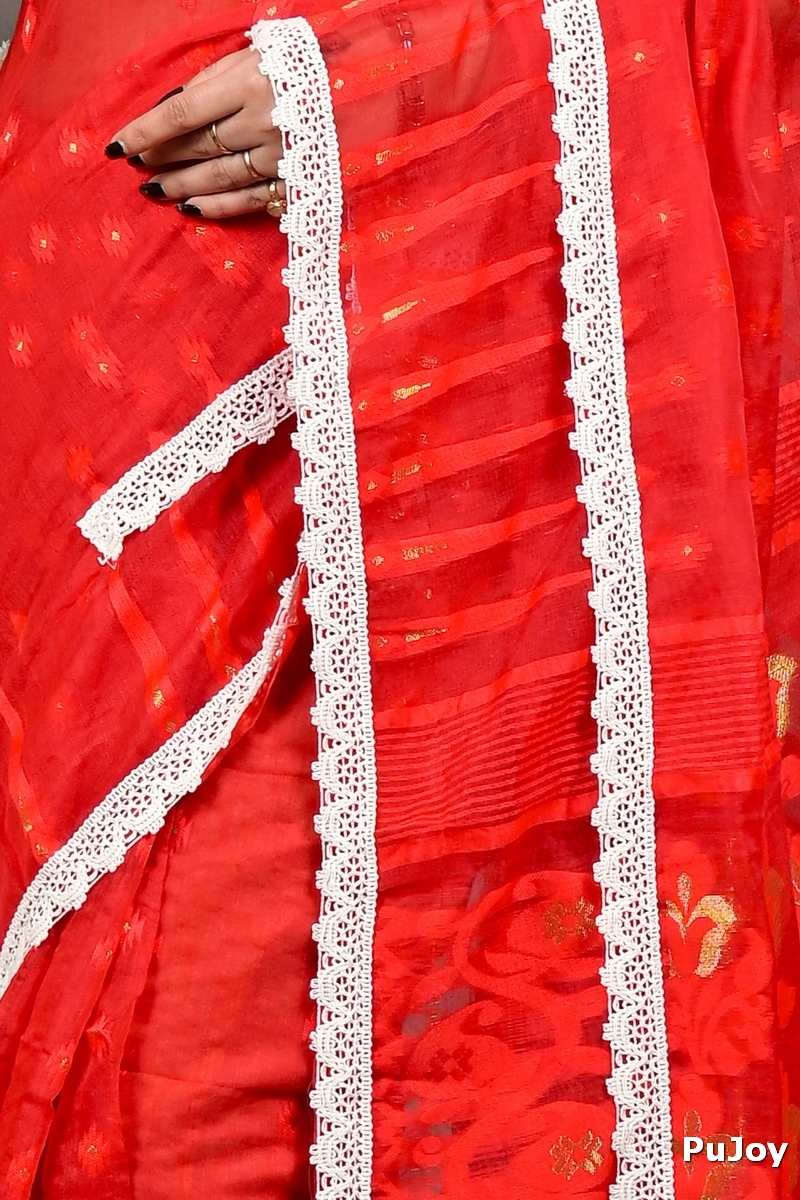 Red Blended Cotton Fipui Jamdani Saree (3079)
