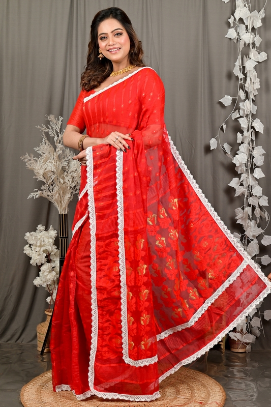 Red Blended Cotton Fipui Jamdani Saree (3079)