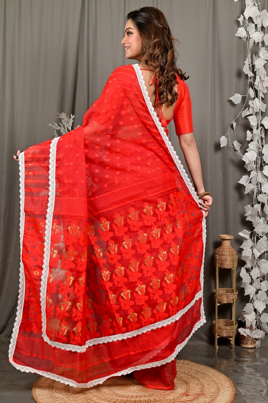 Red Blended Cotton Fipui Jamdani Saree (3079)
