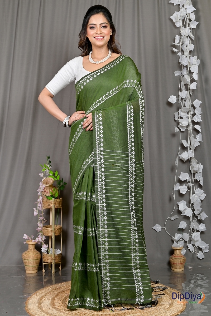 Green Cotton Blended Pareta Hand Loom Saree (308)