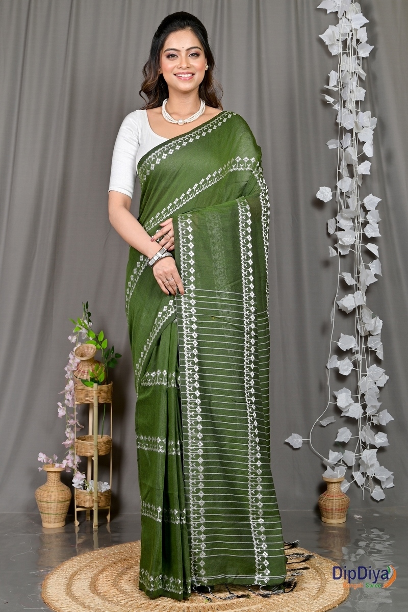 Green Cotton Blended Pareta Hand Loom Saree (308)
