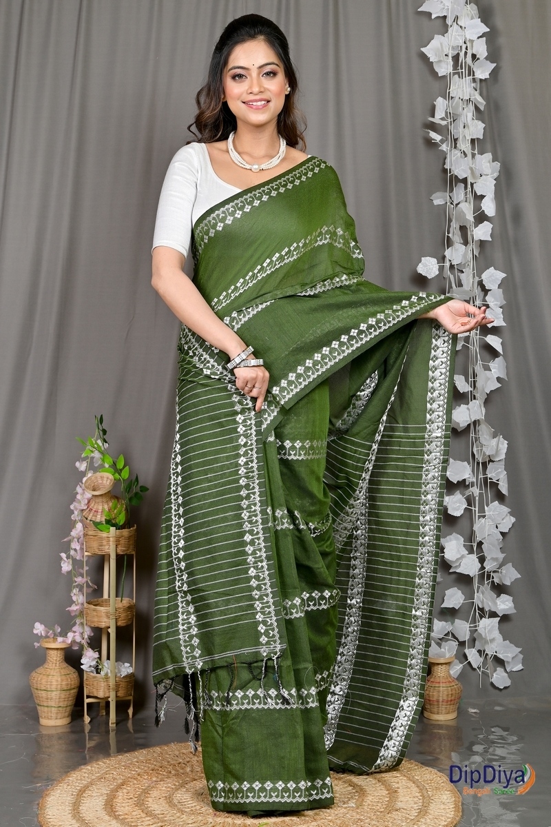 Green Cotton Blended Pareta Hand Loom Saree (308)