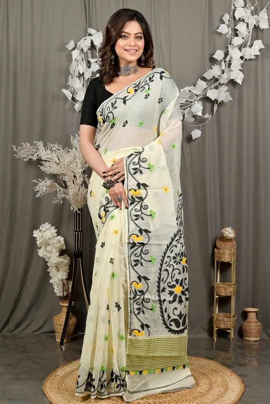 Off white Black Cotton Fivani Jamdani Saree (3080)