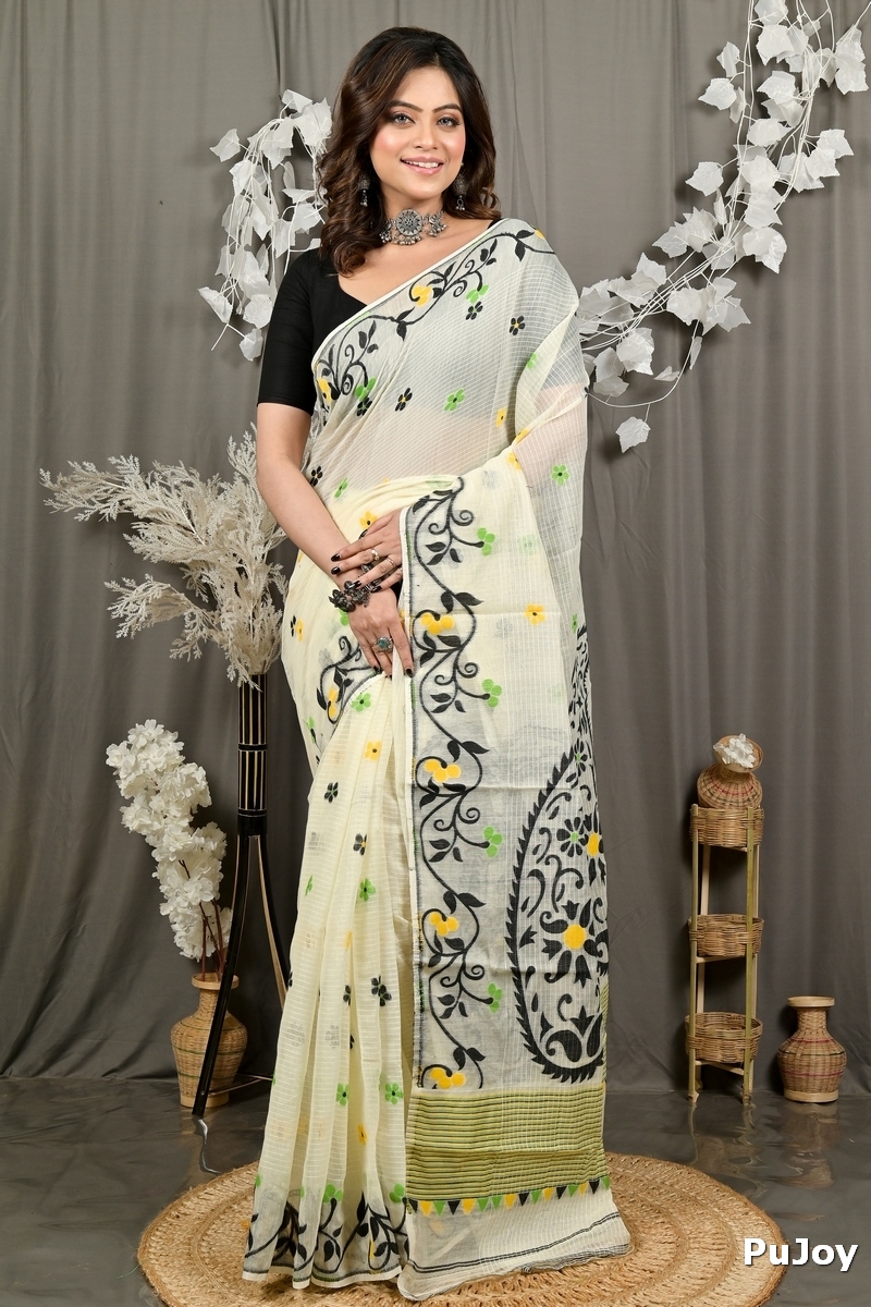Off white Black Cotton Fivani Jamdani Saree (3080)