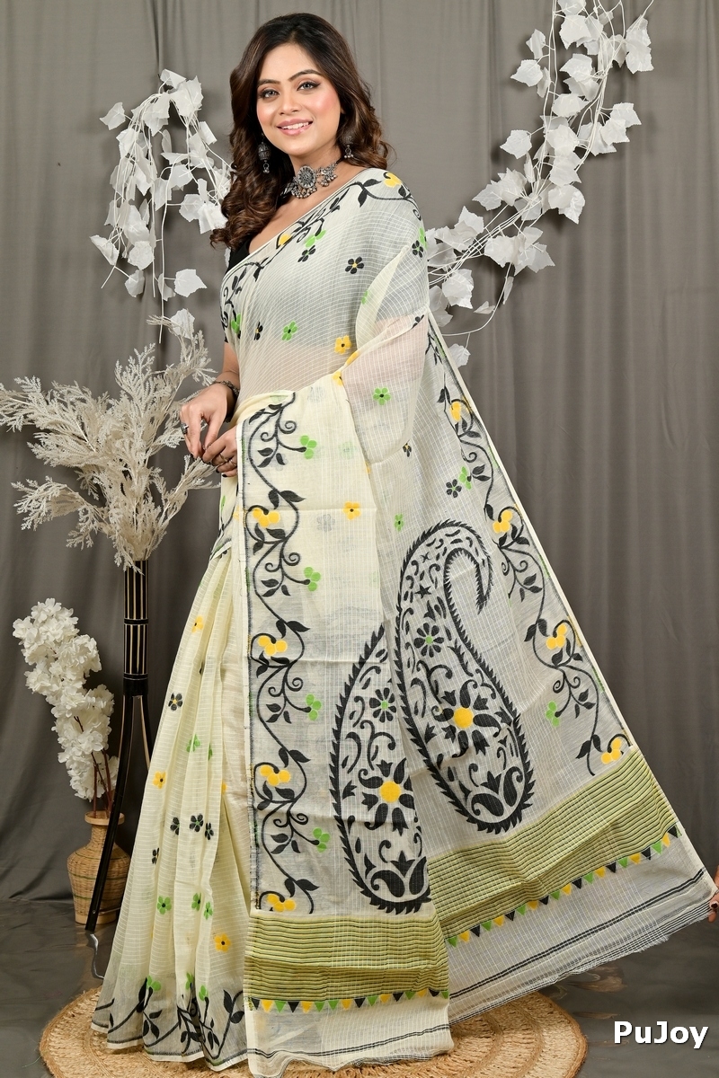 Off white Black Cotton Fivani Jamdani Saree (3080)