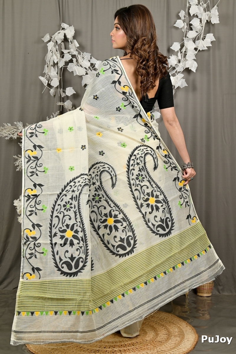 Off white Black Cotton Fivani Jamdani Saree (3080)