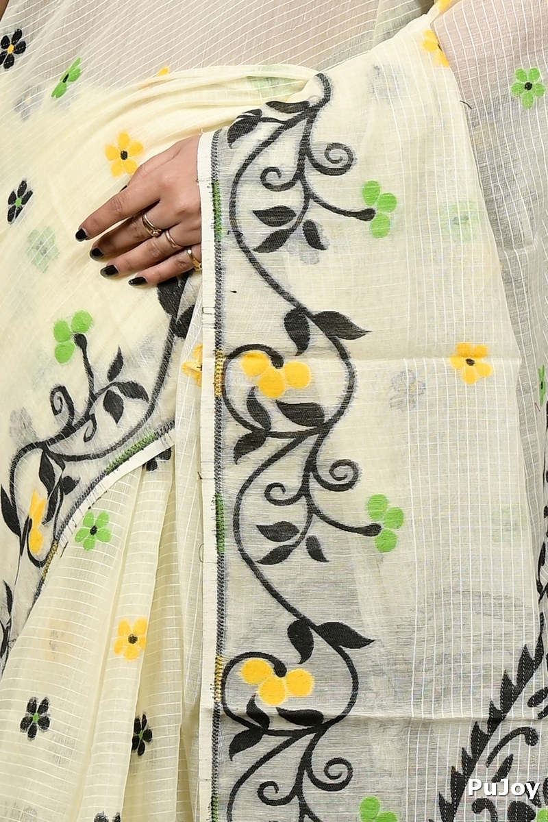 Off white Black Cotton Fivani Jamdani Saree (3080)