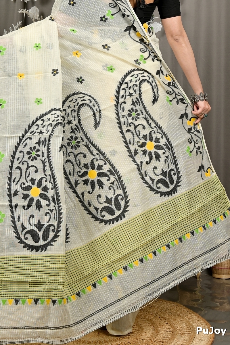 Off white Black Cotton Fivani Jamdani Saree (3080)